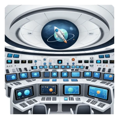 space mission command center with large screens showing spacecraft and planetary data sticker