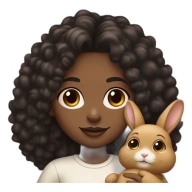 black woman dark long curly hair holding chubby floppy eared tan rabbit sticker
