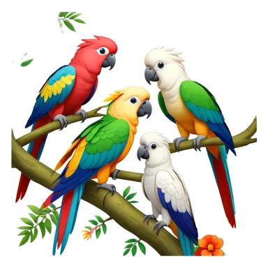 Close-up collage of vibrant Ara parrots and Inca cockatoos sitting on tree branches, surrounded by lush greenery. Bright colors of the birds stand out against a natural, sunny background of trees and flowers. Transparent background. sticker