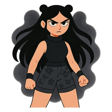 mysterious gothic female fighter with long flowing black hair, sharp intense eyes, small black bear ears, sleeveless black ritual robe top, gray combat shorts with dark floral pattern, quiet but commanding presence, soft dark aura sticker