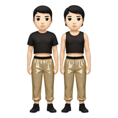 Chino Moreno with black hair, black sequin crop top, beige sequin baggy pants sticker