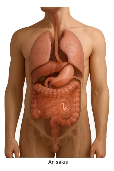 a 3D cutaway view of the human digestive tract, showing an Anisakis larva attached to the intestinal wall. in a man sticker