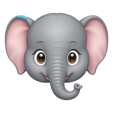 A cute, friendly cartoon elephant face smiling broadly. Big sparkling eyes, rosy cheeks, soft rounded shapes, pastel colors, children's book illustration style, heartwarming sticker