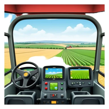 a view from the tractor cabin, with the dashboard in focus, overlooking a vibrant rural landscape. Inspired by Farming Simulator 22, the scene includes fields, crops, and distant barns under a bright sky. The design highlights the immersive experience of farm management. transparent background sticker