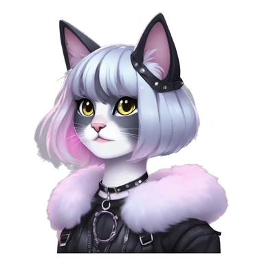 Gorgeous sparkly ethereal shiny gradient gothic dark techwear anime style anthro cat with blushing face aesthetic and pretty edgy black with collar and harness trending style sticker
