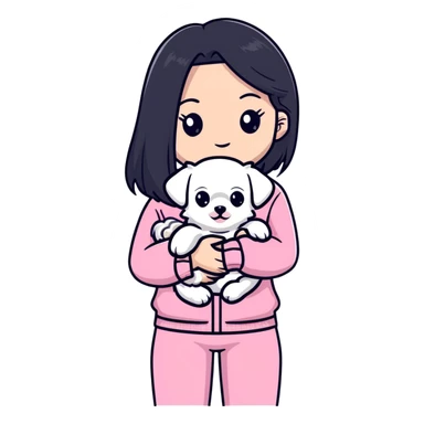 beautiful young woman with long straight black hair wearing pink clothes and holding a small white Maltese puppy sticker