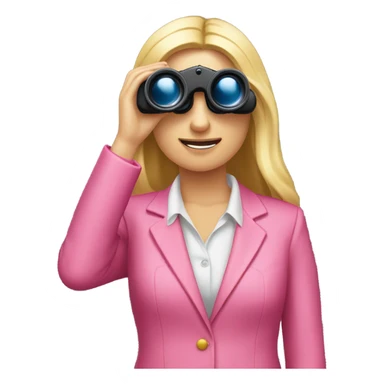 secretary style white female employee with long blonde loose hair wearing intensive color pink suit using binoculars. must look straight in front of a camera sticker