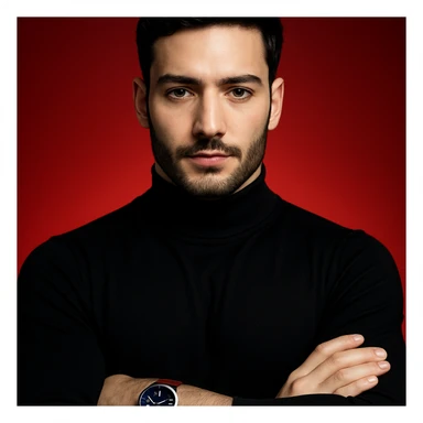 Create an ultra-realistic, high-detail, 4K editorial portrait of the person in the reference image. Emphasize sharp features, flawless fair skin, sleek black hair, and a black turtleneck. The person has arms crossed and wears a wristwatch with a blue dial and brown strap. The background is a bold red gradient with dramatic cinematic lighting. The composition is symmetrical and minimal. This is variation 8. sticker