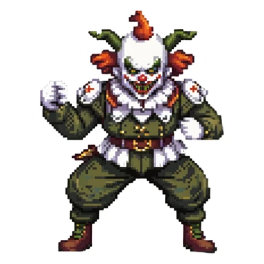 evil clown soldier, bald, short forehead horns, fangs, pointed ears, black and military green clothes, fighting stance sticker