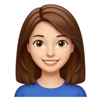 woman with straight brown hair parted down the middle with a smile sticker