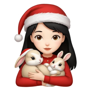 Girl black hair hugging one beige rabbit christmas sticker