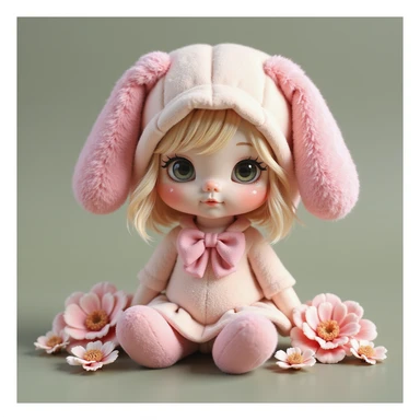 My Melody character, photorealistic style, sitting pose, surrounded by real flowers sticker