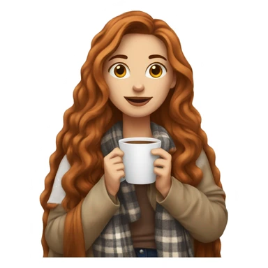 Auburn long haired girl in with a blanket and a latté coffe sticker