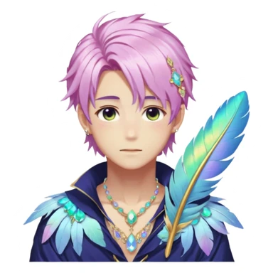 Beautiful gorgeous anime man with beautiful iridescent-special-hair, fashion aesthetic, ethereal, fairycore, pastelcore, feather, flower, gems, accessories, jewelries, gold, colorful sticker
