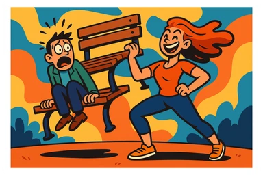 A fun and expressive scene of a woman holding a bench while a scared man sits on it, vibrant cartoon style, colorful and dynamic sticker