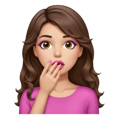 girl with long wavy brown hair, brown eyes, long lashes makeup, sexy pink lips, light to medium complexion, pink sexy top, shocked, hand covering mouth sticker