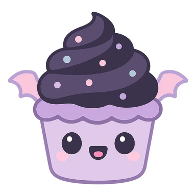 kawaii style gothic cupcake, cute face, dark purple and black icing, tiny bat wings, pastel accents, playful yet spooky sticker