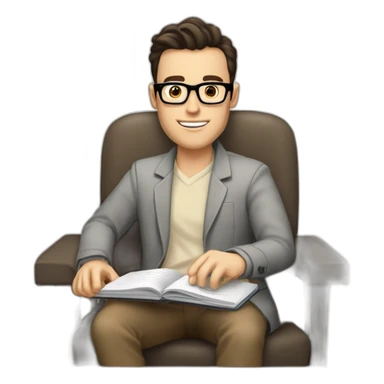 Pale skinned Fit Man With dark brown hair in gray jacket, beige office shirt and vintage glasses sitting In a soft chair with a notebook with emblem Ψ and a pen in his hands sticker