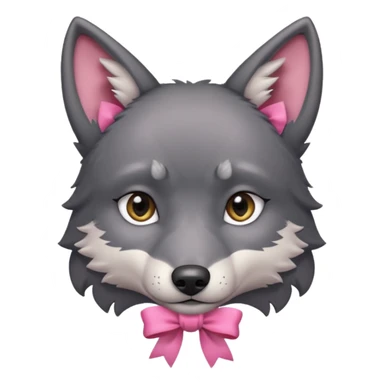 Pleading sad Face cute dark grey wolf with a pink ribbon io his ear head sticker