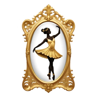 Cinematic Realistic Mirror, a large, ornate mirror reflecting a dancer’s poised silhouette, soft golden light creating depth, slight smudges on the glass adding realism, glowing with a timeless and artistic presence. sticker