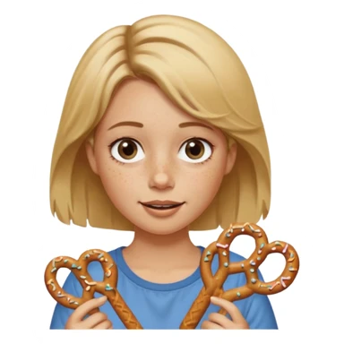 Short, center part, Dirty blond hair, fair skin with freckles,  holding pretzels and winking her eye sticker
