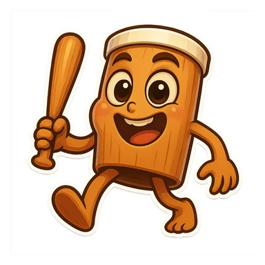 chibi emoji of Tun Tun Suhoor, wooden stick body with smooth brown texture, drum-like cylindrical body, holding baseball bat, cartoon style, bright vivid colors, expressive face, dynamic pose, a bit creepy yet funny,  sticker