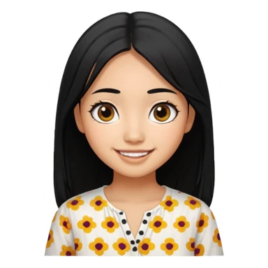 20 yr old asian woman hair white blouse with black dots center part big eyes big smile tanned skin straight black hair hippie part hair  sticker