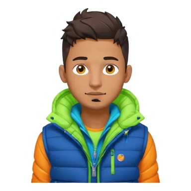 Cyberpunk street adult, hispanic, male, messy undercut, puffer vest over hoodie, glowing earpiece, light stubble, brown eyes, neon reflections, headshot sticker