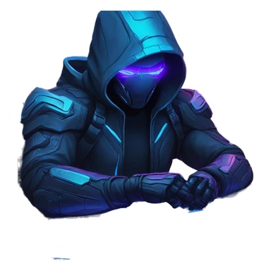 developer behind his laptop with this style : crysis Cyberpunk Riot Games Valorant neon glowing bright blue character blue black hooded assassin themed character sticker