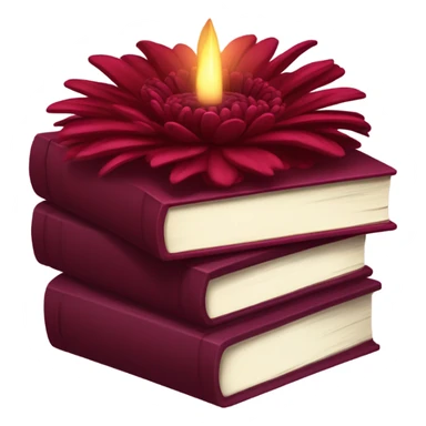 A maroon book stack adorned with ruby-red chrysanthemums and a candle sticker