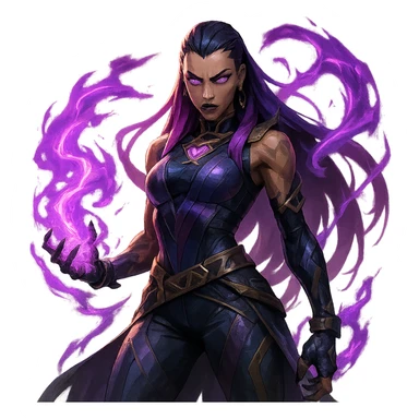 Reyna from Valorant, fierce stance, purple energy, detailed, iconic look, game character, dynamic lighting sticker