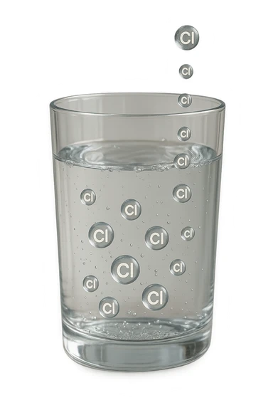 un bicchiere di acqua realistico e dettagliato fluttua in aria, dentro l'acqua del bicchiere ci sono particelle di cloro ben visibili con la scritta "Cl" sopra, ci sono particelle anche che escono dal bicchiere e fluttuano in aria verticalmente, mentre alcune sono all'interno dell'acqua nel bicchiere, iperrealistico 4k sticker