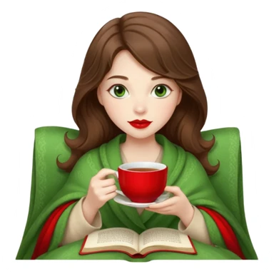Long wavy brown haired, white skinned, green eyed girl with red lipstick wrapped in a blanket, sipping tea and reading a book sticker
