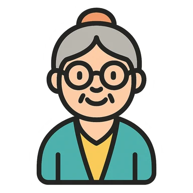elderly smiling granny who looks like a librarian, glasses, neat hair bun, cardigan sticker