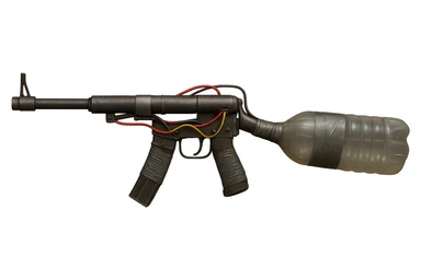 Remove the background, keep only the realistic improvised rifle made from pipes and plastic bottles, featuring duct tape, exposed wiring, and a bottle used as a stock, in a gritty survivalist style, with a transparent background. sticker