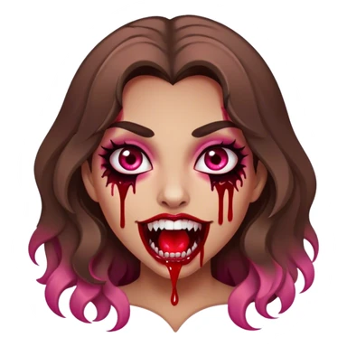 Tan girl with brown wavy hair and brown eyes with long eyelashes with vampire fangs and blood dripping from the fangs with pink blush on her cheeks  sticker