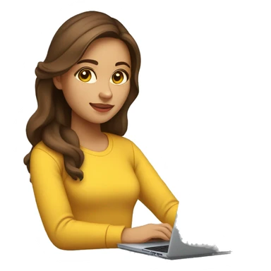 software engineer female with apple laptop in front of her, facing the left side while looking at her laptop. very long wavy brown hair, brown eyes, tan skin, yellow sweatshirt, no glasses sticker