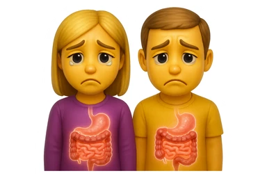 emoji stile iphone di un uomo e una donna con espressione triste ed intestino in evidenza, iperrealistico 4k sticker