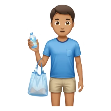 Man standing with shorts and a plastic bag sticker