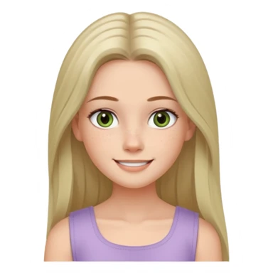 emoji of a confident woman named Freya McOmish, smiling, hazel green eyes, straight long hair with a middle part, subtle freckles, modern casual style, broad shoulders, wearing a pale lavender sleeveless deep square neck top sticker