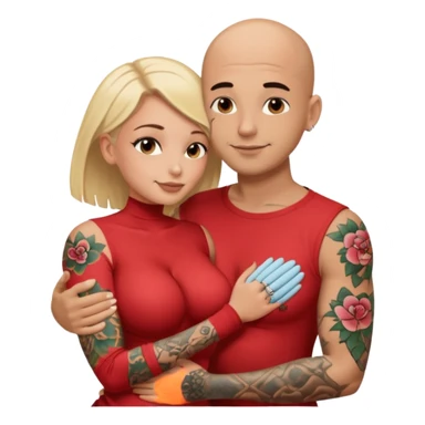 throuple tattooed sleeves bbald male with topless naked big boobed brunette and topless naked big boobed blonde girlfriends  loving  and sexy polygamy sticker