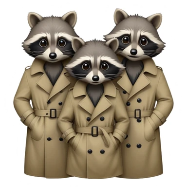 Three mischievious raccoons heads standing on top of each other pretending to be one person within single trench coat sticker