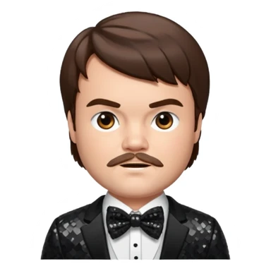 Jack Black with brown hair, black sequin suit with bow tie sticker