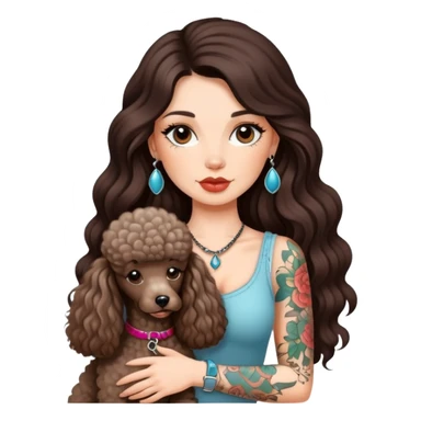 à beatiful long hair brunette with tattoos and a poodle dog sticker