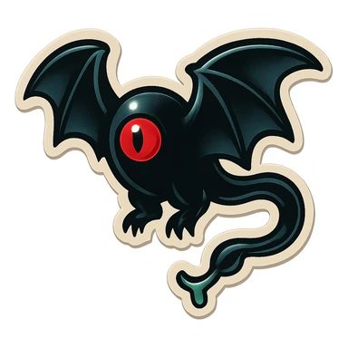 an all black bat-like creature. One cyclopian red eye in its face. no visible mouth or ears. has a long tale with a stinger that drips green poison sticker