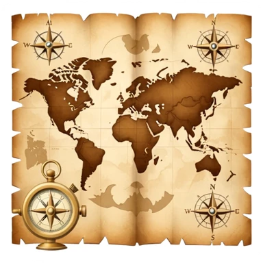 Brown golden map with Travel compass pointing to adventure sticker