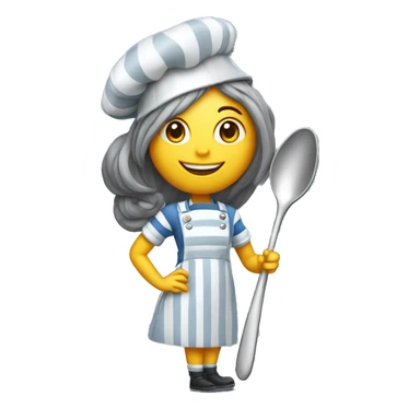 A full scale lady stripes dressed with a cooking hat and giant cooking spoon her hair is grey, and she stands in front of the camera and smiles sticker