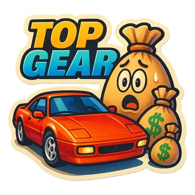 Top Gear sticker with a car and money bags, surprised theme, vivid and eye-catching sticker