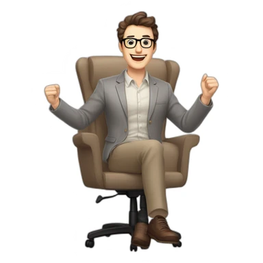 Joyful Celebrating victory Hands up Pale skinned Fit Man With dark brown hair in gray jacket, beige office shirt, Brown pants and vintage glasses sitting In a soft chair sticker