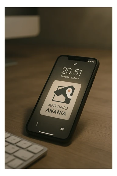 A photo of an iPhone with the message "Antonio Anania" on its screen, The phone sits atop a desk with a blurred background that suggests work environment. A faint glow from above casts gentle shadows across the surface of each object, creating depth and highlighting their textures. sticker